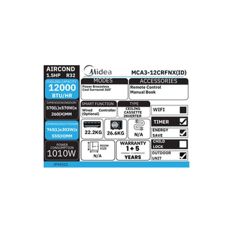 MIDEA Ceiling Cassette 1.5hp / Inverter / R32 MCA3-12CRFNX(ID)-image 5
