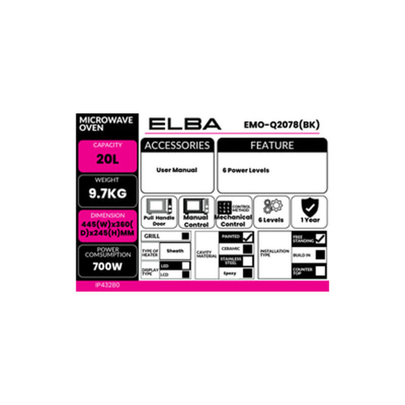 ELBA Microwave Oven 20l EMO-Q2078(BK)-image 2