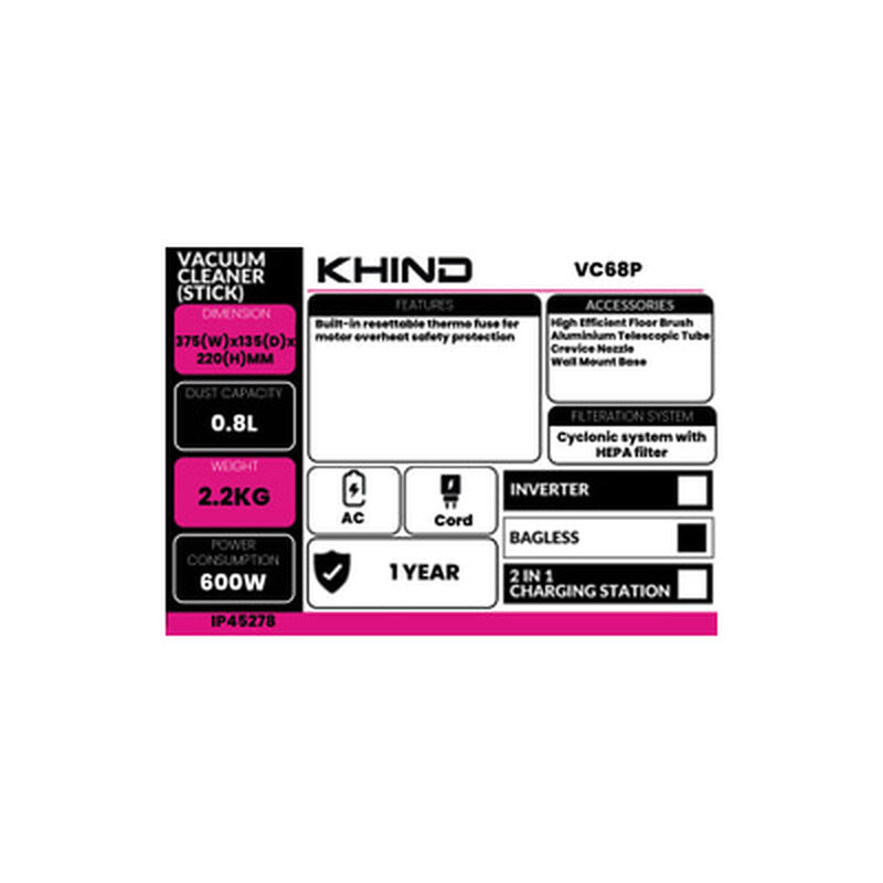 KHIND Stick Vacuum Cleaner Corded VC68P-image 6