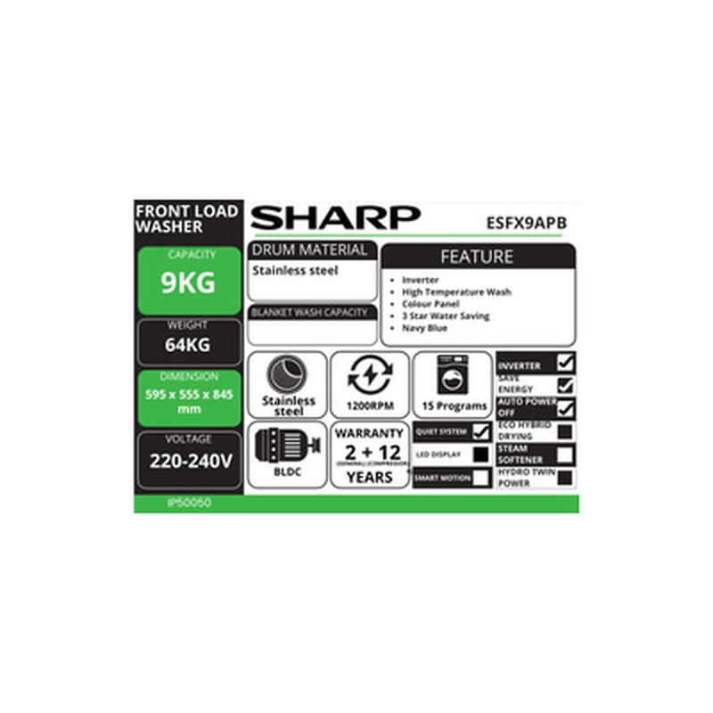SHARP Front Load Washer 9kg ESFX9APB-image 6