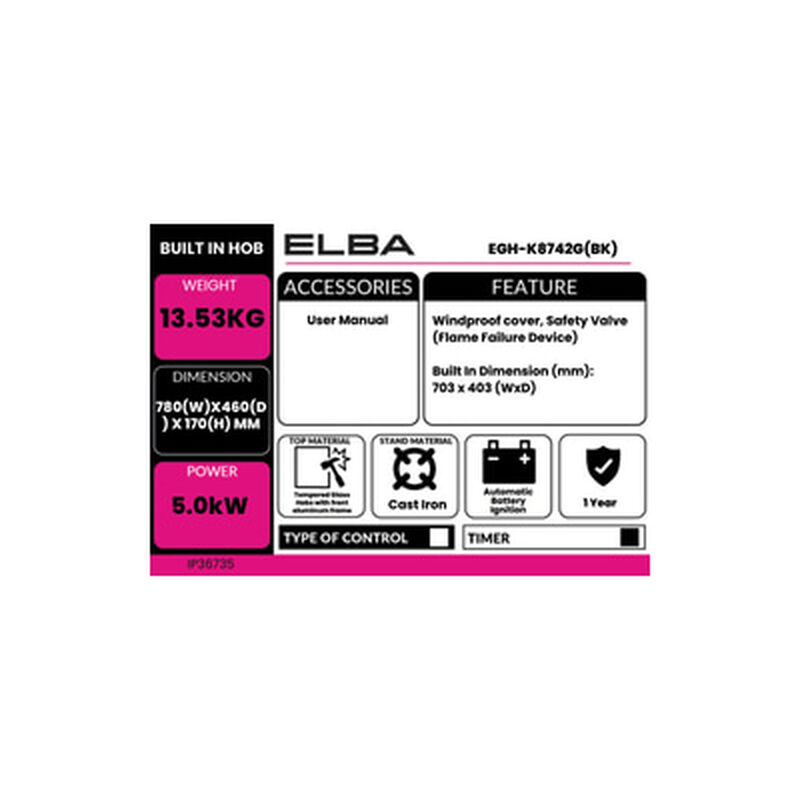 ELBA Build In Gas Hob-2 Burner Tempered Glass EGH-K8742G(BK)-image 2