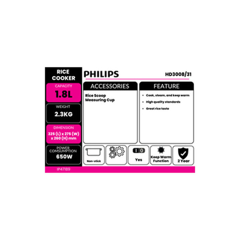 PHILIPS Jar Rice Cooker 1.8l HD3008/31-image 3